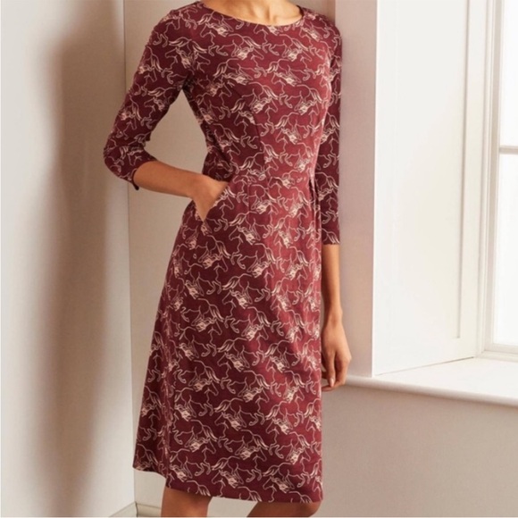 Boden Dresses & Skirts - Boden Dress Penny Wild Horses Jersey Red Maroon 3/4 Sleeve Horse Print US 8